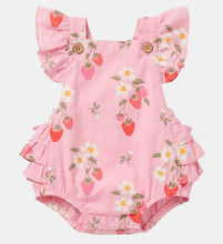 Load image into Gallery viewer, A pink baby romper with a strawberry and daisy floral print, featuring ruffled shoulder straps and ruffled leg hems, shown against a light gray background.
