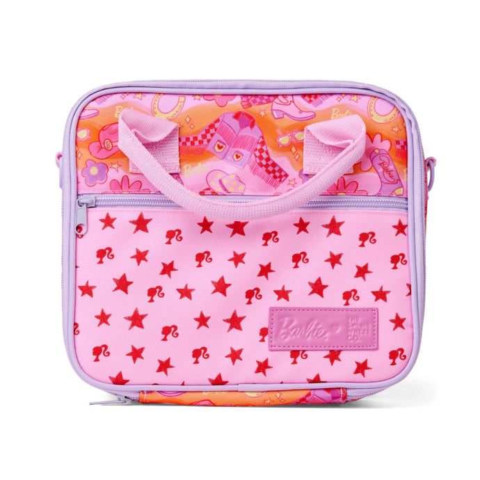 Pink and orange patterned pouch with star design on a white background