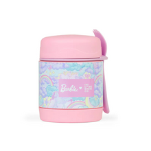 Load image into Gallery viewer, Pink and multicolored thermos with a Barbie logo on a white background