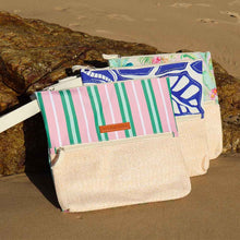 Load image into Gallery viewer, Pink &amp; Green Stripe Wet Pouch with Rattan Detail