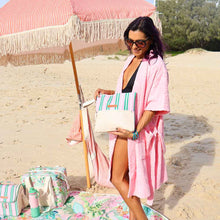 Load image into Gallery viewer, Pink &amp; Green Stripe Wet Pouch with Rattan Detail