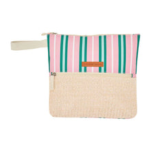 Load image into Gallery viewer, Pink &amp; Green Stripe Wet Pouch with Rattan Detail
