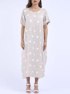 'Dot' Beige Polka Dot Print Oversized 100% Linen Slouchy Dress