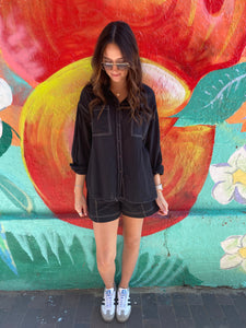 Black Denim Look LS Top & Short Set - By Frankie