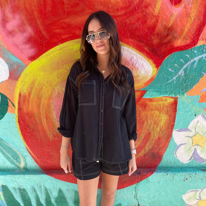 Black Denim Look LS Top & Short Set - By Frankie