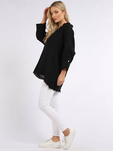 'Ruby' Black Relaxed Fit 100% Linen Top with Raw Edges