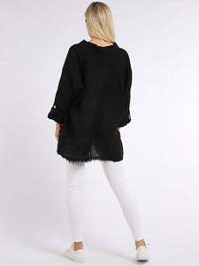 'Ruby' Black Relaxed Fit 100% Linen Top with Raw Edges