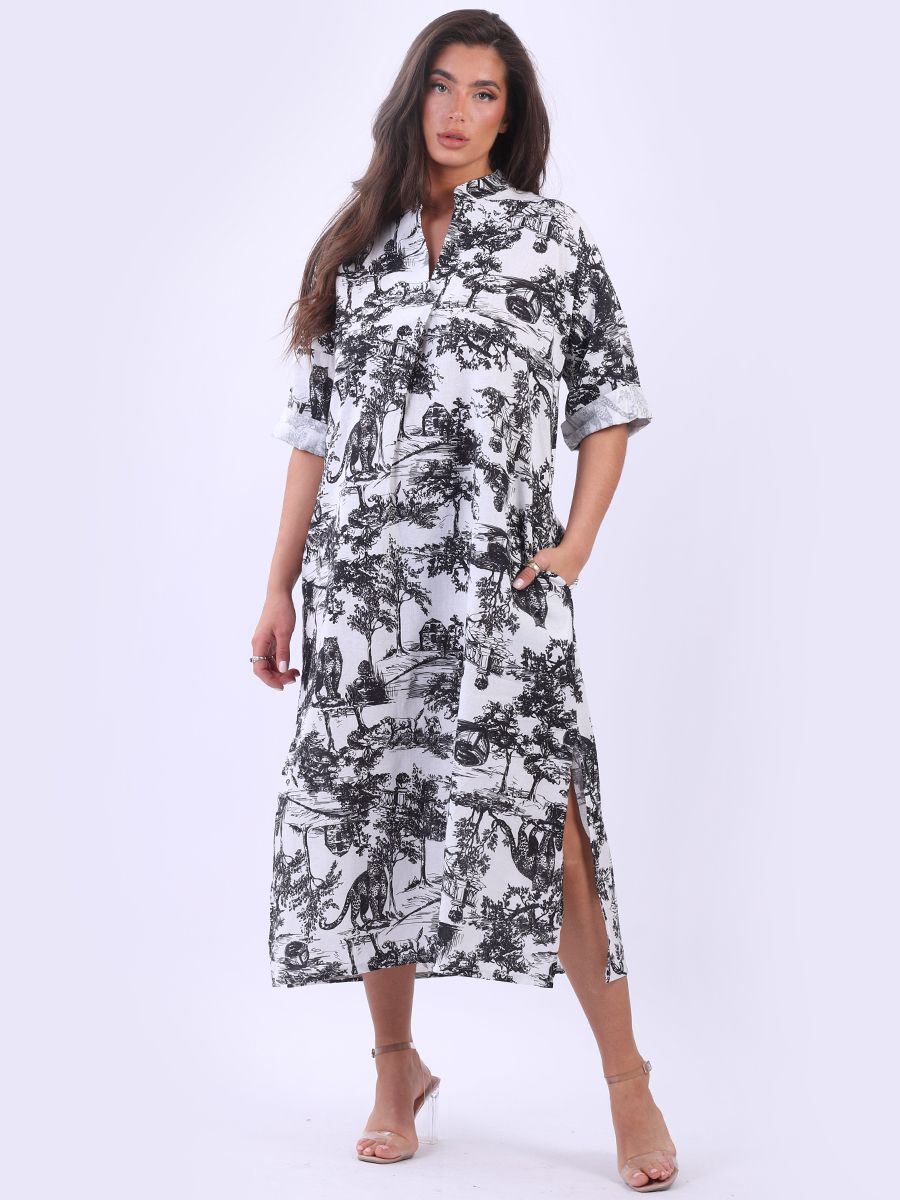'Delphine' Black Jungle Print 100% Linen Maxi Shirt Dress