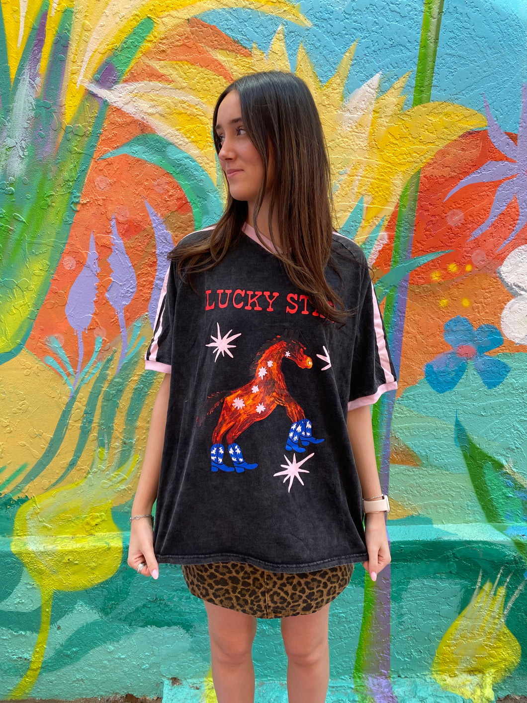 Black 'Lucky Star' Acid Wash T-Shirt - By Frankie