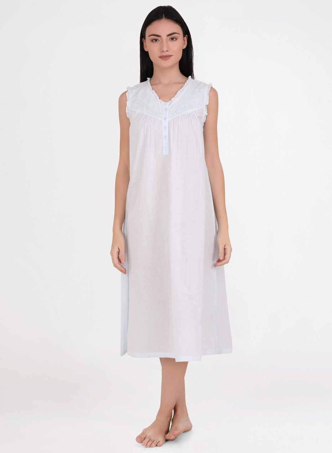 Pastel Blue Embroidered Sleeveless Nightie