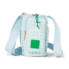 Load image into Gallery viewer, Small crossbody bag with blue and white checkered pattern and green accents on a white background