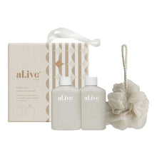 Load image into Gallery viewer, A bath and body gift set from a.live body care, featuring two frosted bottles, a beige patterned gift box with a white ribbon, and a beige loofah sponge, all arranged on a clean white background.