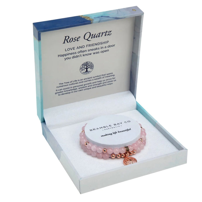 Rose Quartz Gold Tree of Life Duo Bracelet Set