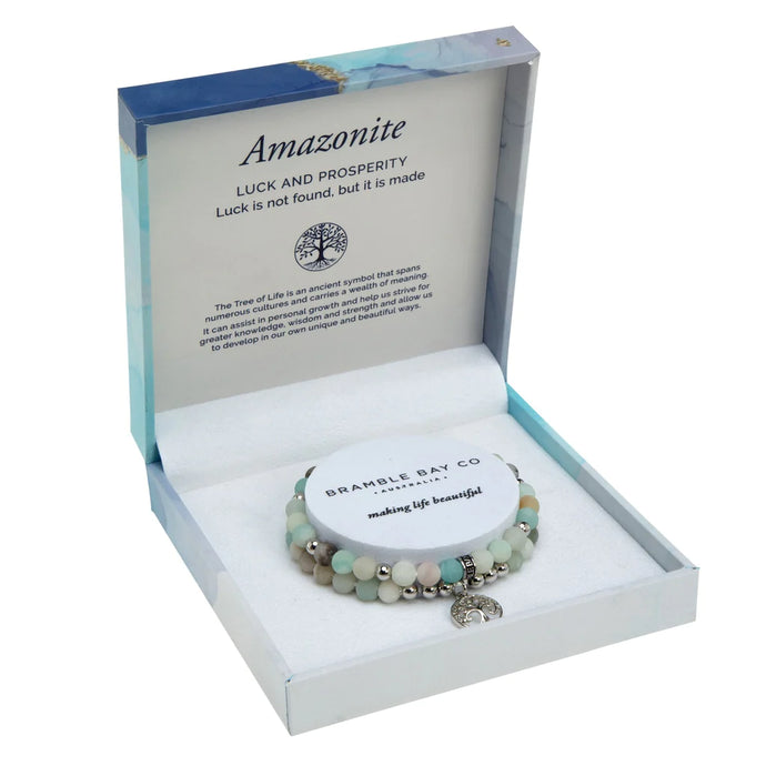 Amazonite Matte Rhodium Tree of Life Duo Bracelet Set