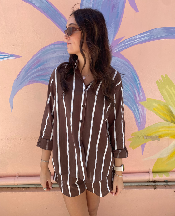 White/Brown Stripe LS Top & Short Set - By Frankie