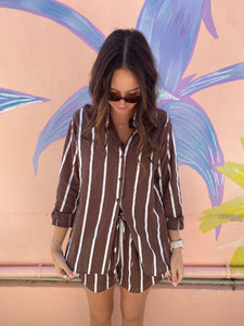 White/Brown Stripe LS Top & Short Set - By Frankie