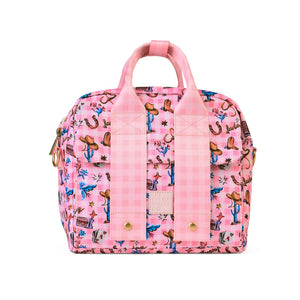 Pink lunch bag with cowboy print on a white background