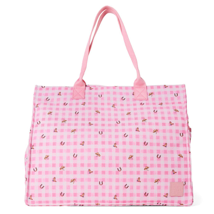 Pink checkered bag with cowgirl patterns on a white background