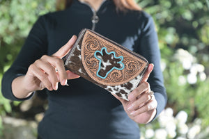 Ronda Brown & White Tooled Leather Cowhide Bullhead Wallet