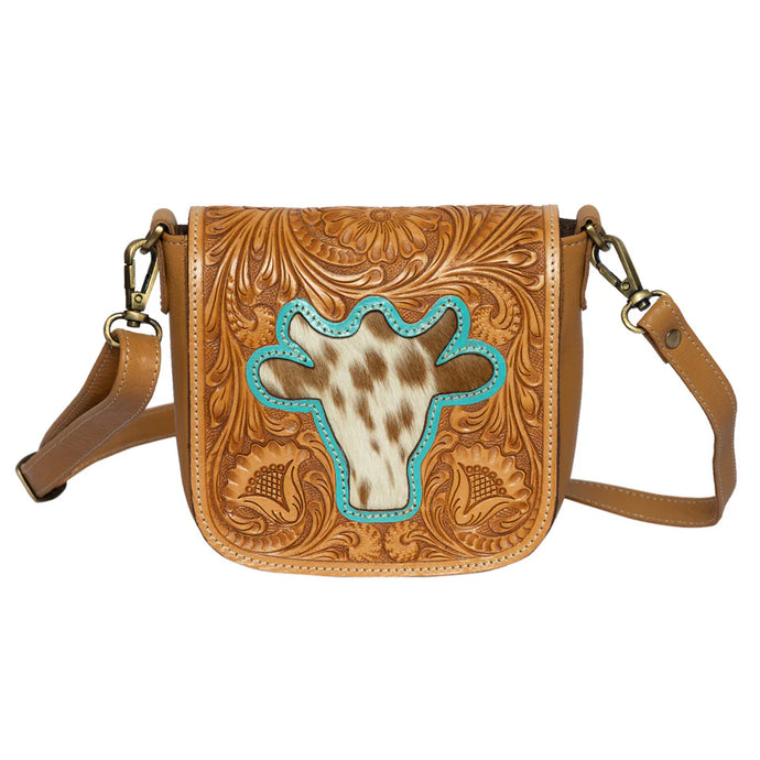 Bullhead Tan Tooled Leather Cowhide Flap Bag