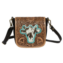 Load image into Gallery viewer, Malaga Brown/White Bullhead Cowhide &amp; Tooled Leather Flap Sling Bag