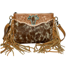 Load image into Gallery viewer, Marbella Tan &amp; White Bullhead Cowhide Sling Bag with Fringing