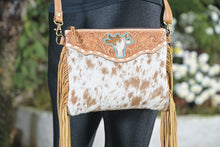 Load image into Gallery viewer, Marbella Tan &amp; White Bullhead Cowhide Sling Bag with Fringing