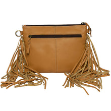 Load image into Gallery viewer, Marbella Tan &amp; White Bullhead Cowhide Sling Bag with Fringing