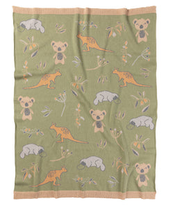 Green blanket with animal patterns on a white background