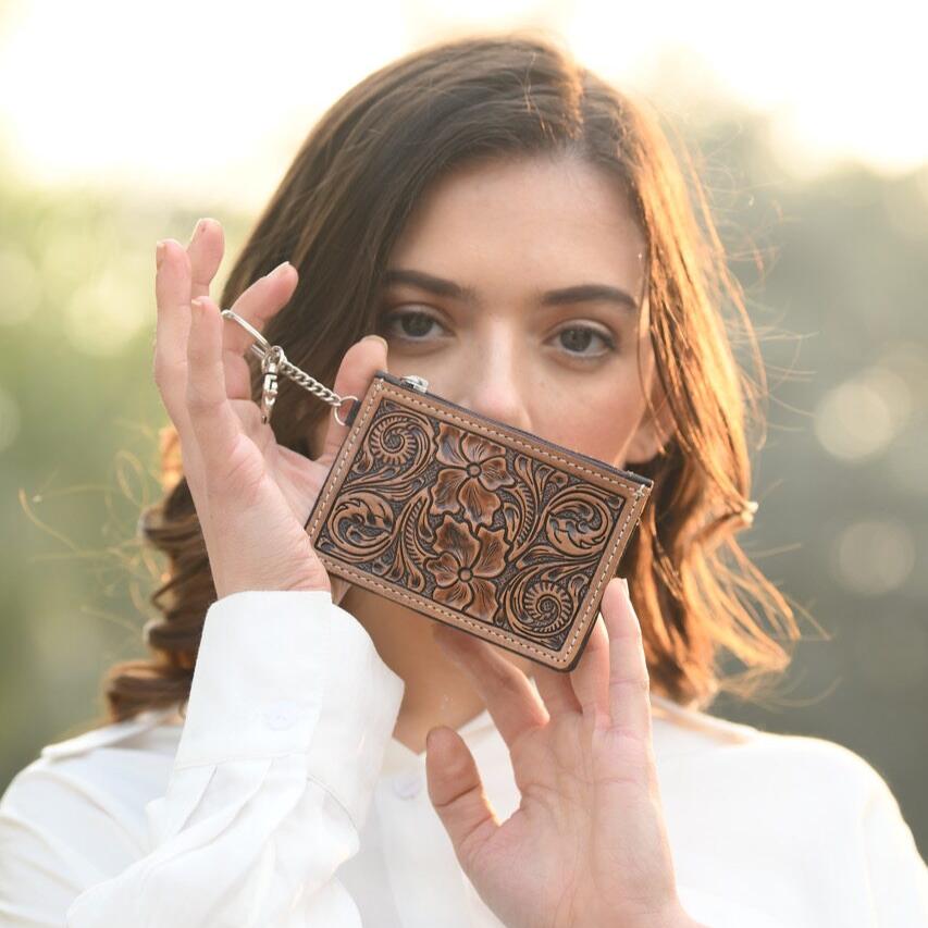 Brown Tooled Leather Key/Card Purse