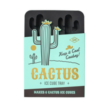 Load image into Gallery viewer, A packaged cactus-themed ice cube tray set. The product packaging features a black plastic tray at the top with six cutouts, and a mint green label with a cartoon cactus, yellow flowers, a sun, and the text 'CACTUS + ICE CUBE TRAY + MAKES 6 CACTUS ICE CUBES'.