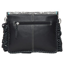Load image into Gallery viewer, Calbuco Black &amp; White Cowhide Flap Bag with Horse Motif