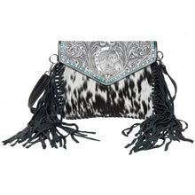 Load image into Gallery viewer, Calbuco Black &amp; White Cowhide Flap Bag with Horse Motif