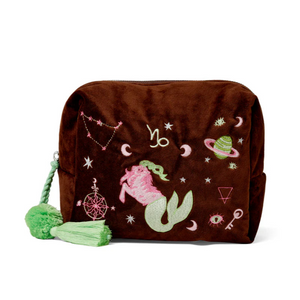 Brown pouch with embroidered designs on a white background