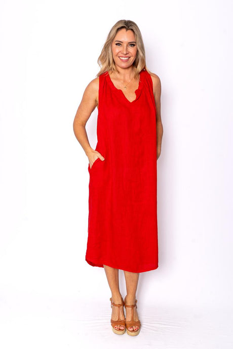 Cavendish Red Sleeveless Linen Midi Dress with Pockets