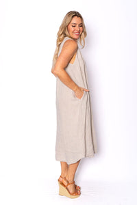 Cavendish Beige Sleeveless Linen Midi Dress with Pockets