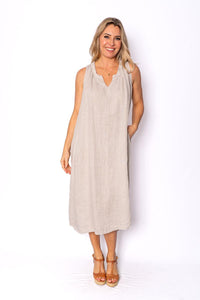 Cavendish Beige Sleeveless Linen Midi Dress with Pockets