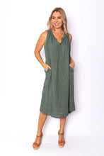 Load image into Gallery viewer, Cavendish Khaki Sleeveless Linen Midi Dress with Pockets