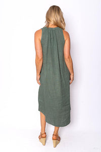 Cavendish Khaki Sleeveless Linen Midi Dress with Pockets