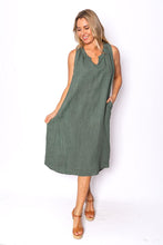 Load image into Gallery viewer, Cavendish Khaki Sleeveless Linen Midi Dress with Pockets