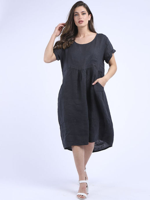 'Anna' Charcoal 100% Linen Dress with Pockets