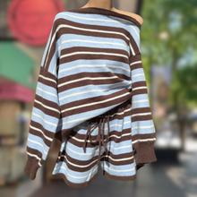 Load image into Gallery viewer, Chocolate/Blue Stripe Off Shoulder Top &amp; Short Knit Set - By Frankie