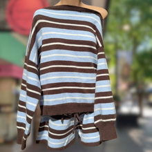 Load image into Gallery viewer, Chocolate/Blue Stripe Off Shoulder Top &amp; Short Knit Set - By Frankie