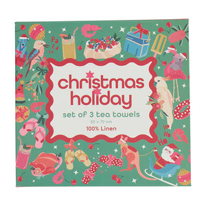 3pc Christmas Linen Tea Towel Box Set