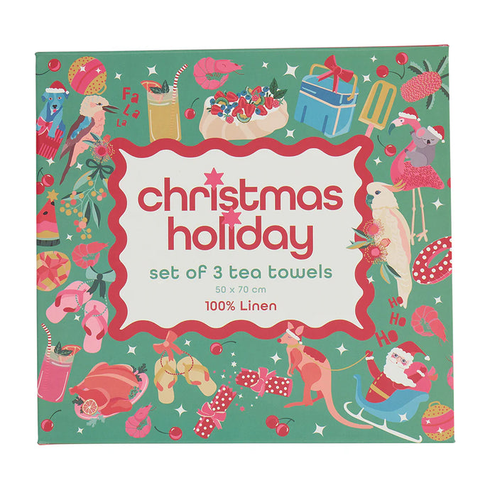 3pc Christmas Linen Tea Towel Box Set