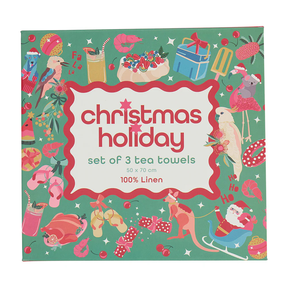 3pc Christmas Linen Tea Towel Box Set