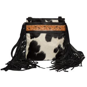 Clarence Black & White Tooled Leather Cowhide Bag With Fringing