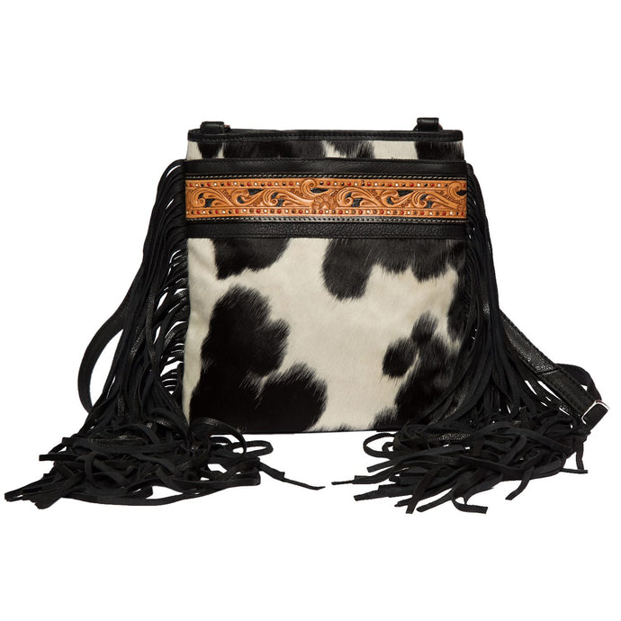 Clarence Black & White Tooled Leather Cowhide Bag With Fringing