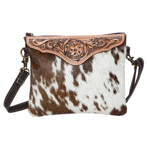 Brown & White Costa Rica Tooled Leather Cowhide Clutch Bag