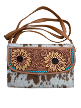 Load image into Gallery viewer, Sunflower Tan &amp; White Tooled Leather Wallet Bag